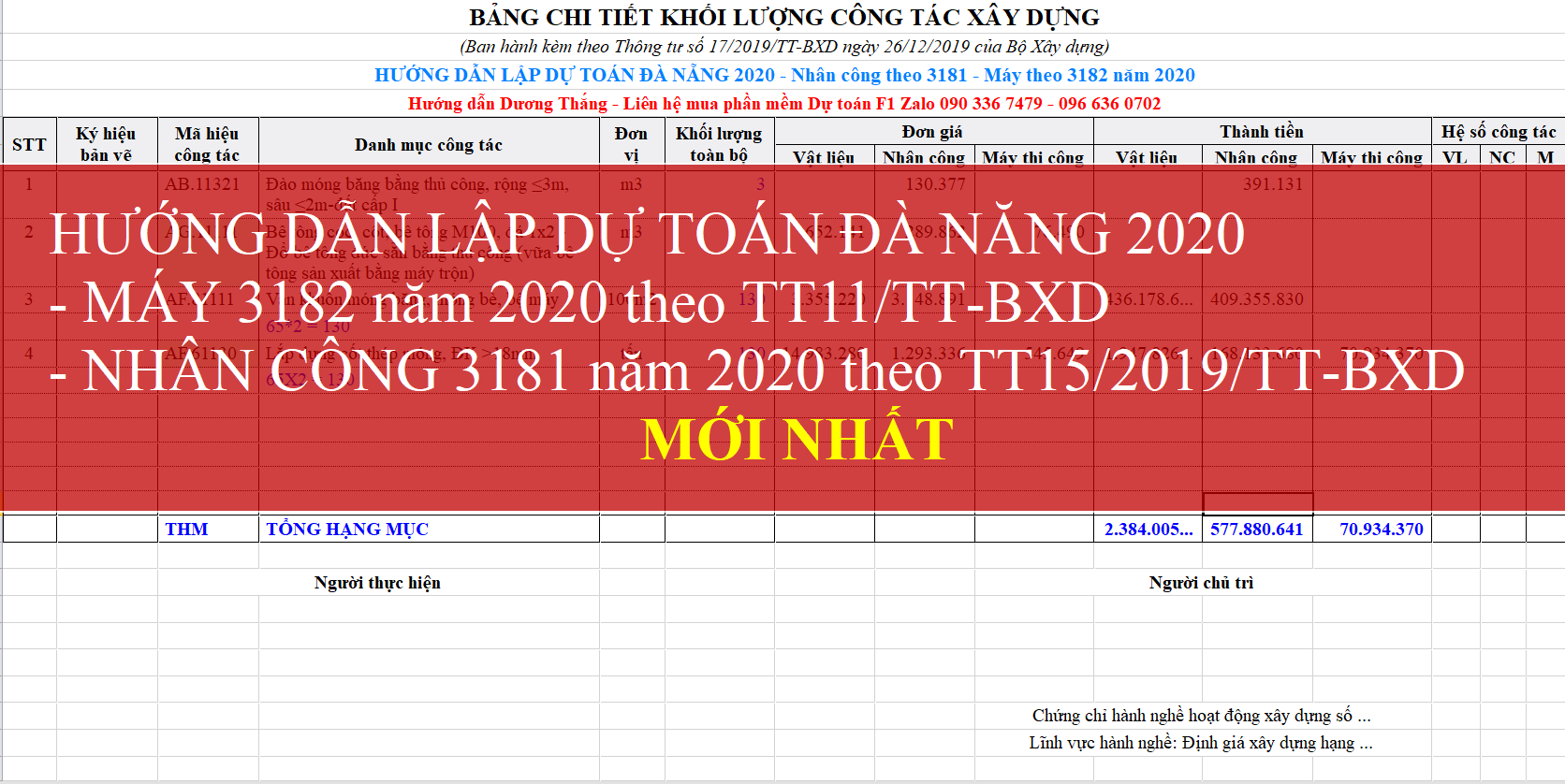 Hướng dẫn lập dự toán Đà Nẵng 2020 nhân công theo 3181, máy 3182 ngày 27/08/2020 thay thế 107 - 2016