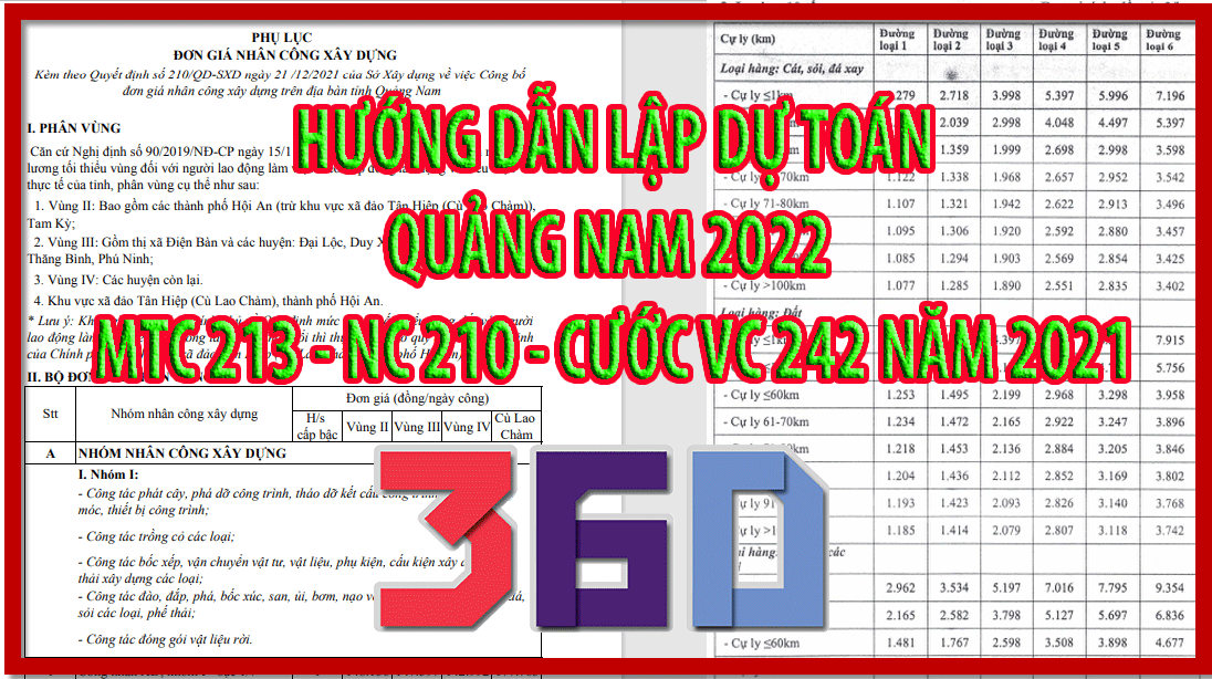 Hướng dẫn lập dự toán Quảng Nam 2022 nhân công theo 210 máy theo 213 và cước theo 242 năm 2021